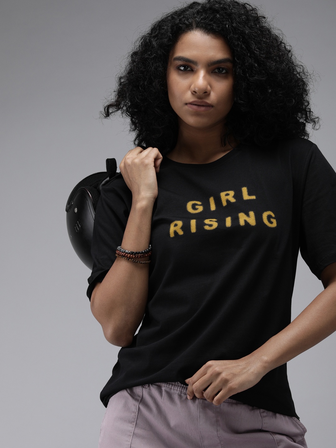 

Roadster Women Black Typography Printed Extended Sleeves Pure Cotton Boxy T-shirt