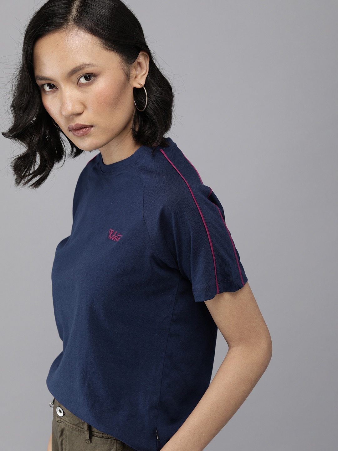 

Roadster Women Navy Blue Solid Pure Cotton T-shirt