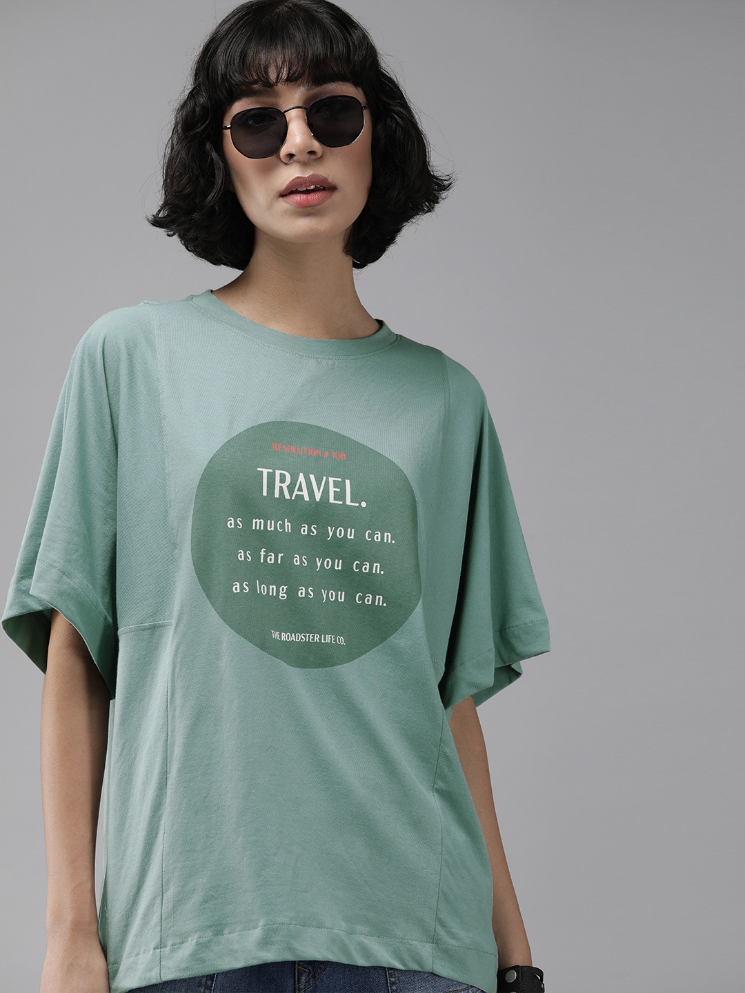 

The Roadster Lifestyle Co Women Sage Green Printed Pure Cotton Boxy T-shirt