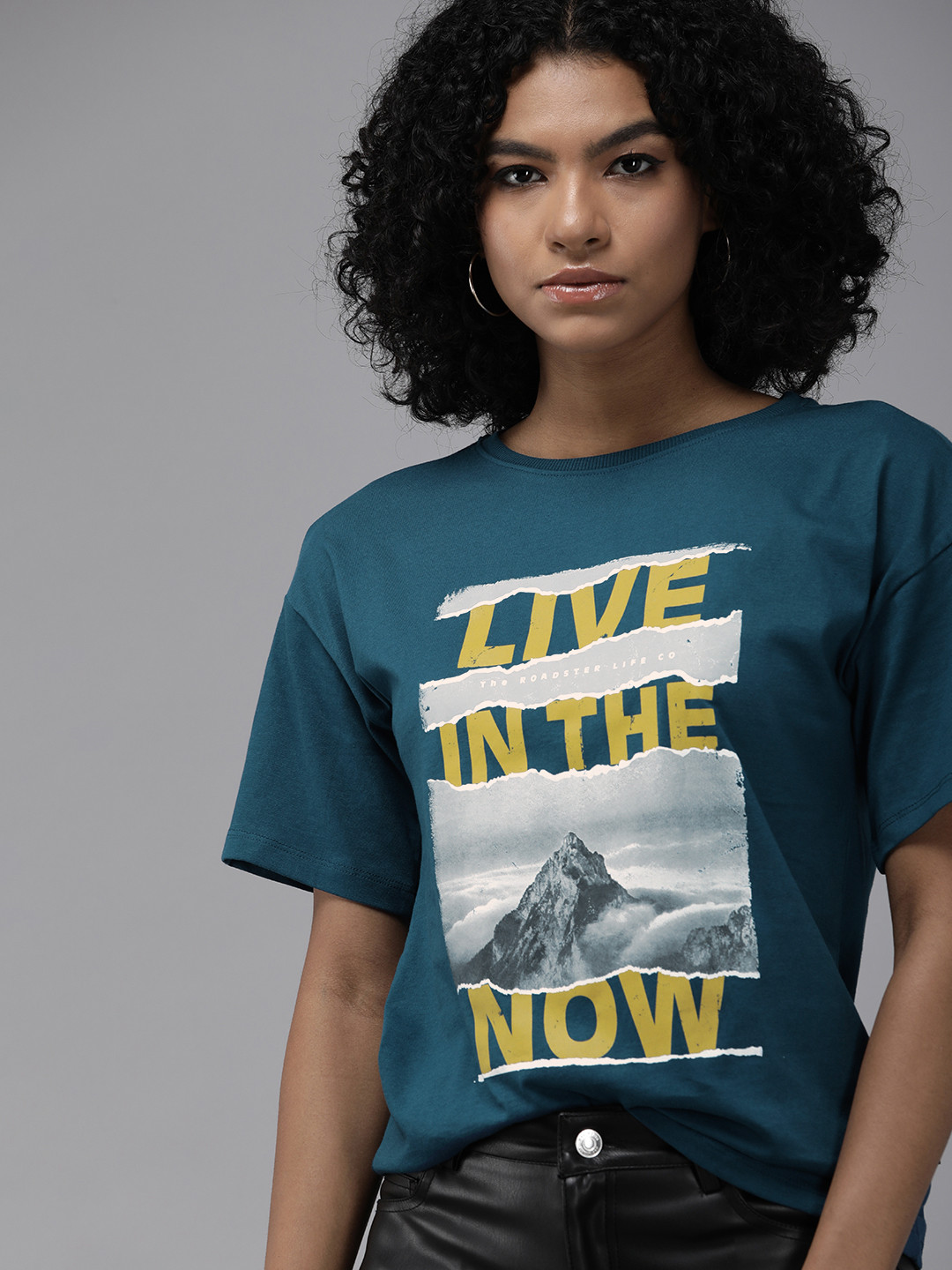 

Roadster Women Blue & Mustard Yellow Typography Printed Pure Cotton T-shirt