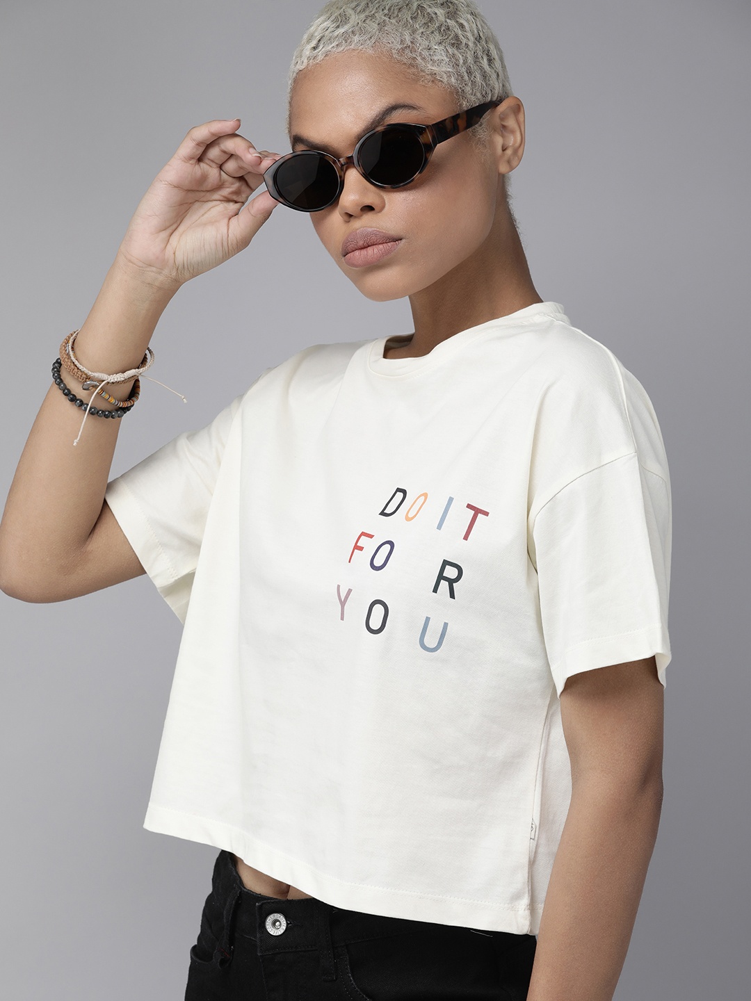 

The Roadster Lifestyle Co Women White Typography Printed Extended Sleeves Pure Cotton Boxy T-shirt