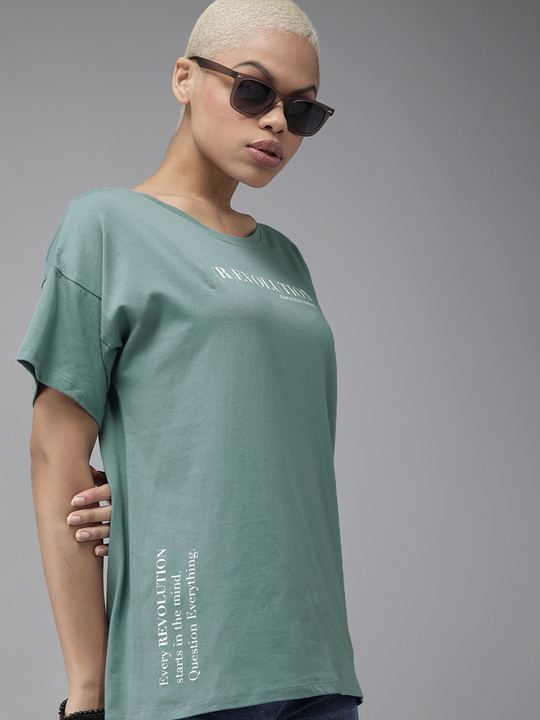 

The Roadster Lifestyle Co Women Sage Green Typography Printed Pure Cotton Loose T-shirt