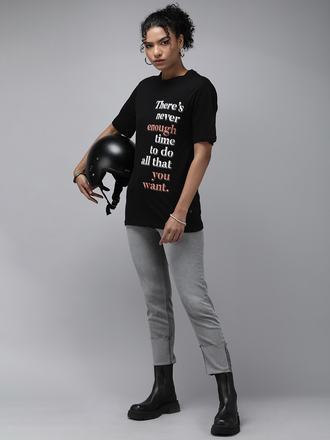 

The Roadster Lifestyle Co Women Black Typography Placement Print Round Neck Pure Cotton Boxy T-shirt