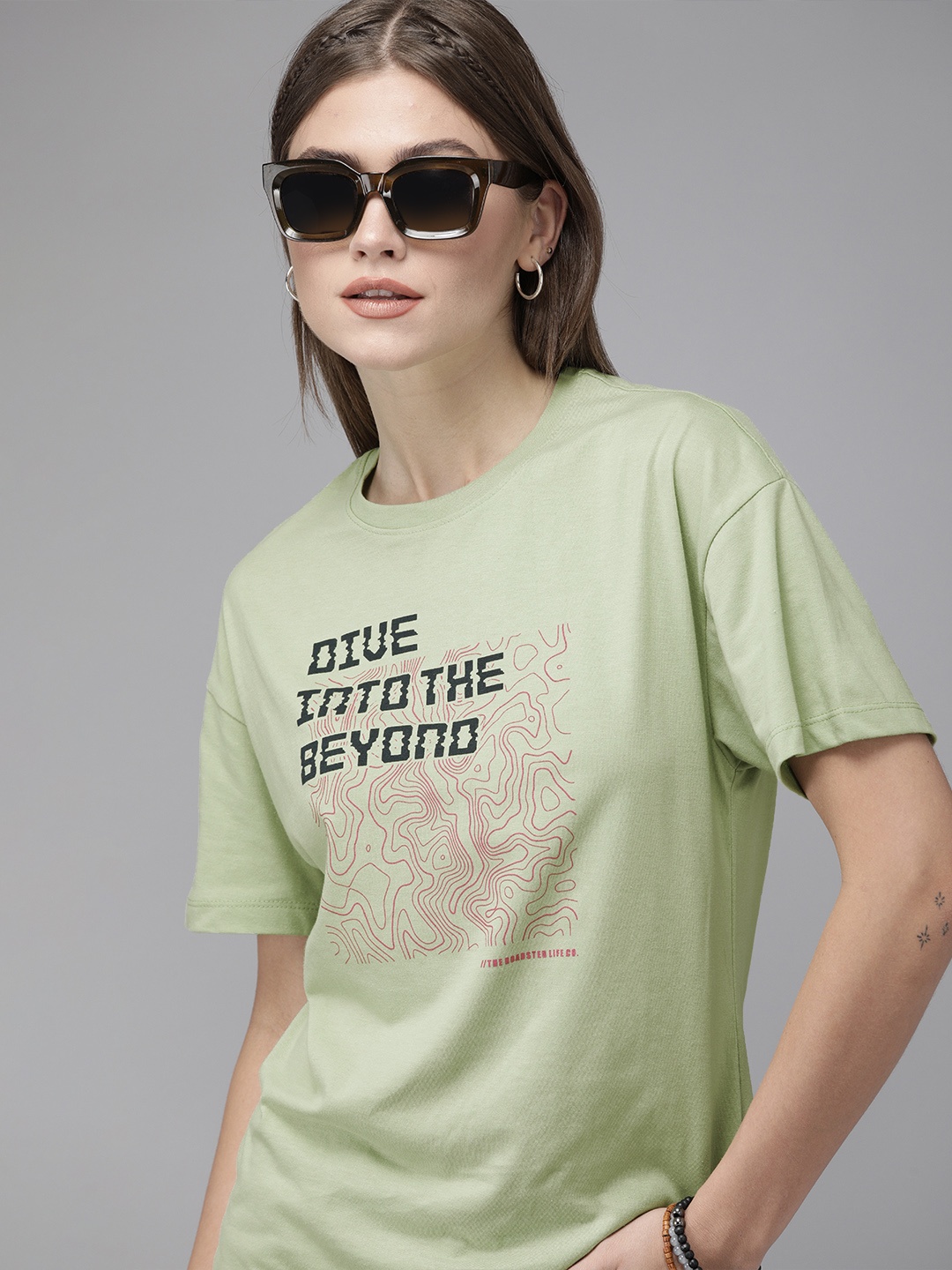 

Roadster Women Sage Green Typography Printed Boxy T-shirt