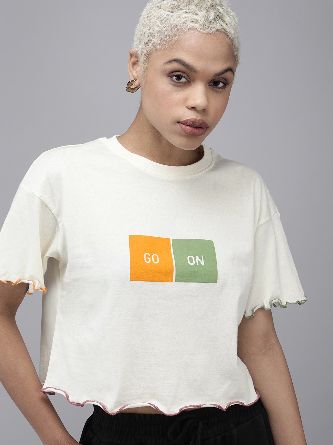 

Roadster Women White & Multicoloured Printed Extended Sleeves Casual T-shirt