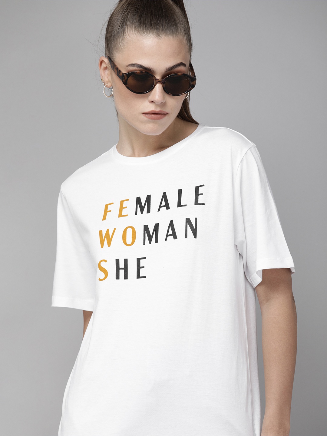 

Roadster Women White & Black Typography Printed Pure Cotton Boxy T-shirt