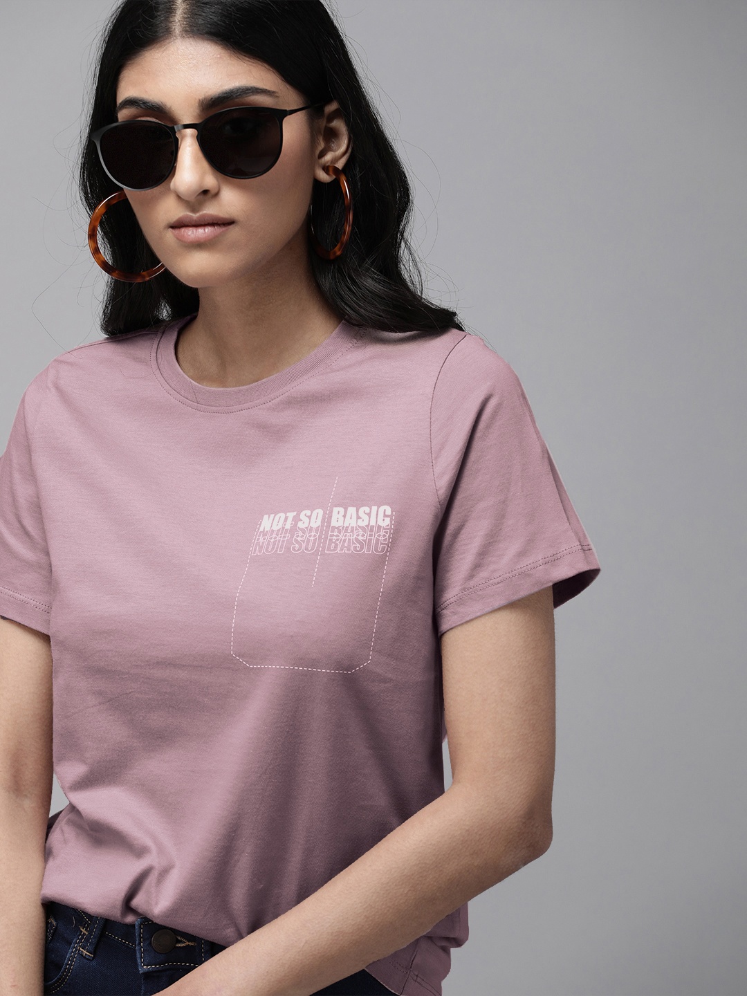 

The Roadster Lifestyle Co Women Mauve Relaxed Fit Typography Printed Pure Cotton T-shirt