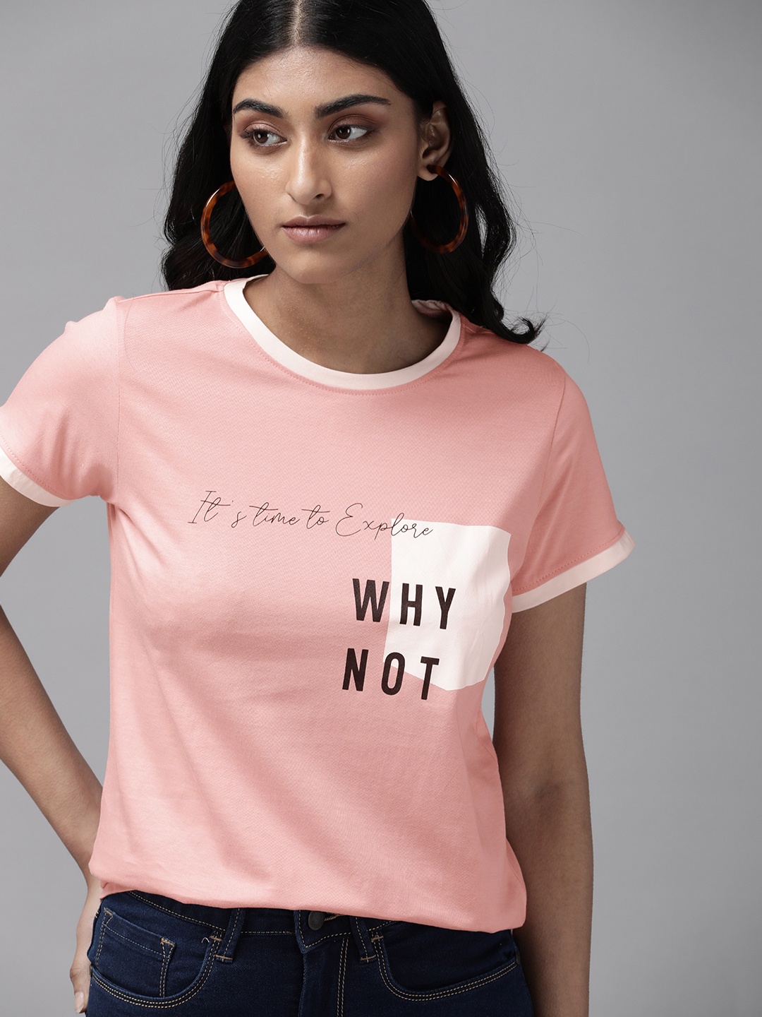

The Roadster Lifestyle Co Women Coral Pink Typography Printed Pure Cotton T-shirt