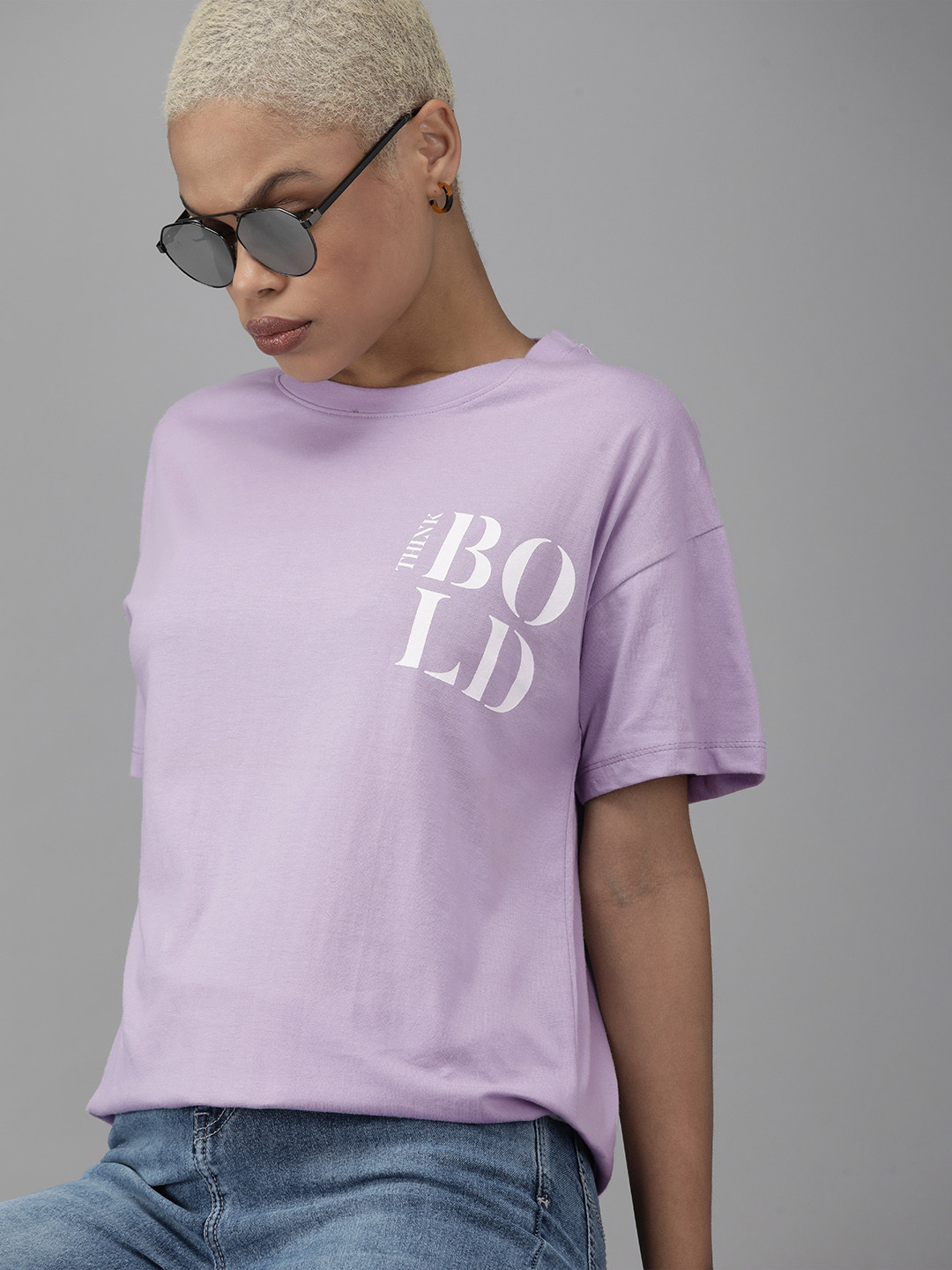 

The Roadster Lifestyle Co Women Lavender Printed Drop-Shoulder Sleeves Pure Cotton T-shirt