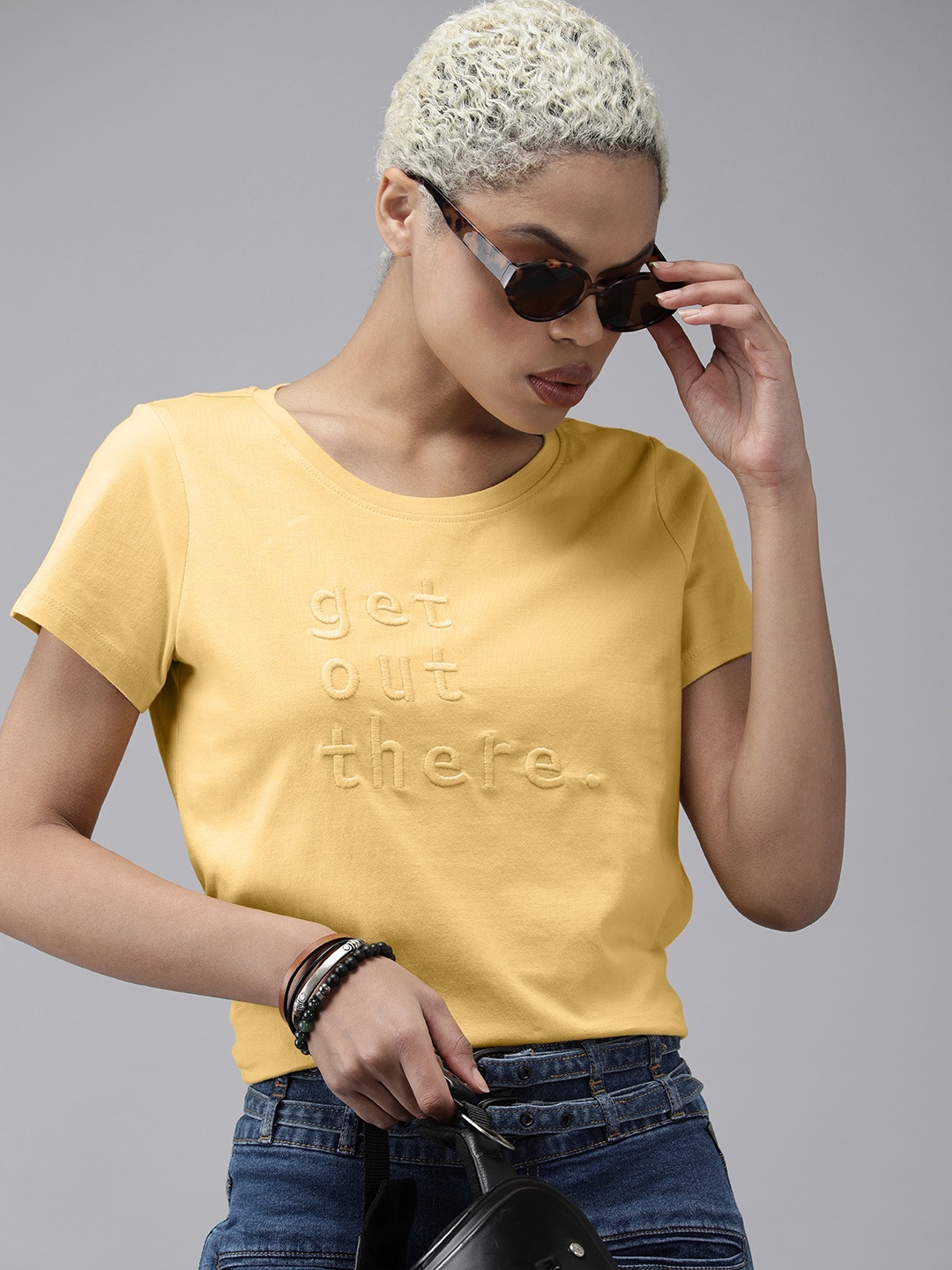 

The Roadster Lifestyle Co Women Yellow Embroidered Pure Cotton Casual T-shirt