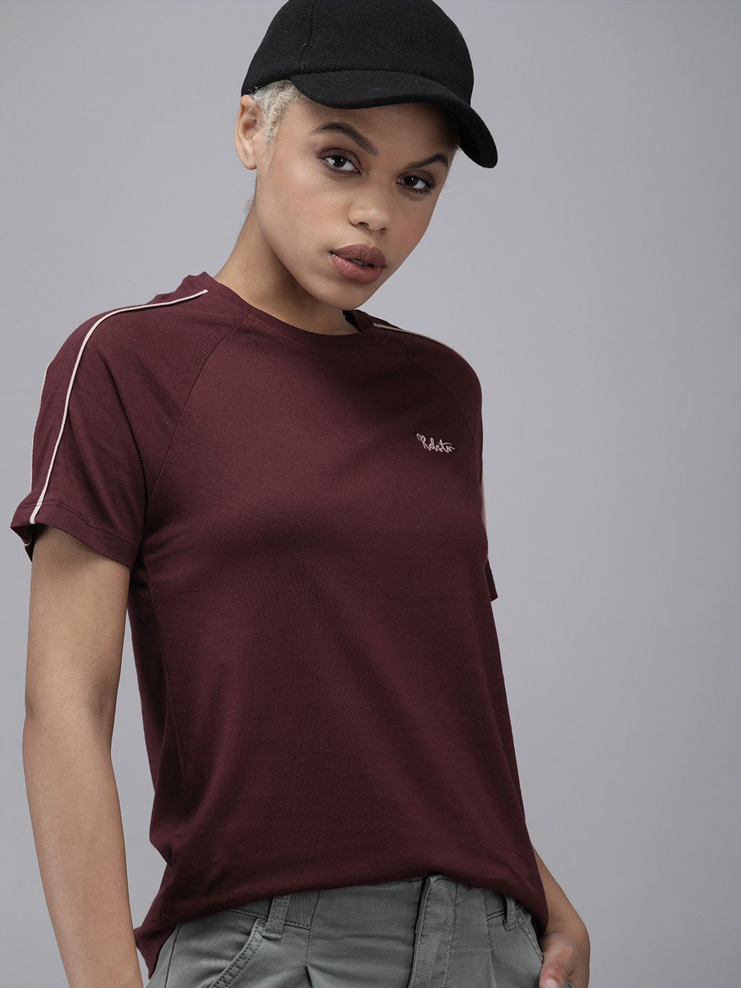 

Roadster Women Burgundy & White Colourblocked Brand Logo Printed Casual T-shirt