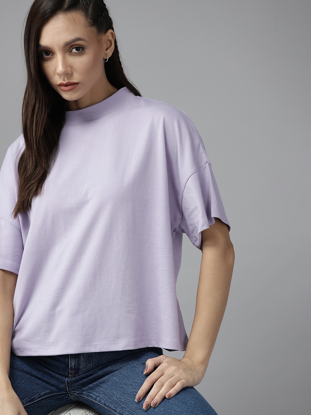 

Roadster Women Lavender High Neck Drop-Shoulder Sleeves Boxy T-shirt