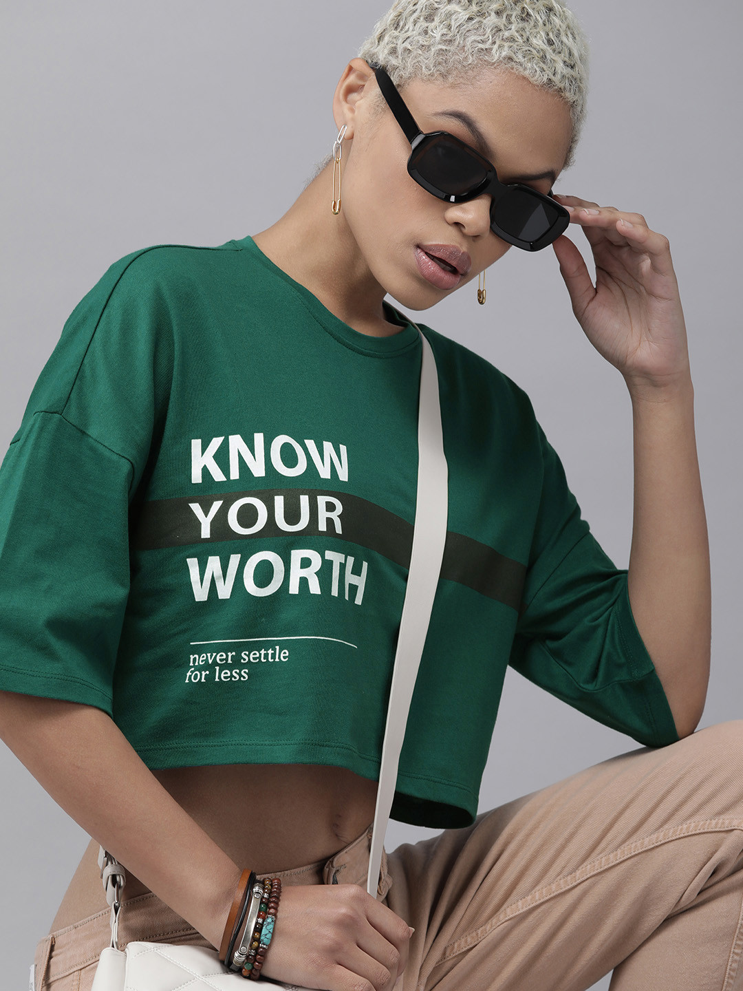 

The Roadster Lifestyle Co Women Green & White Printed Extended Sleeves T-shirt