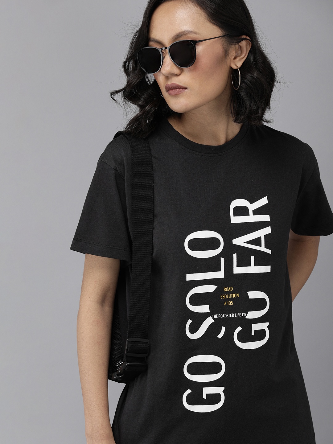 

The Roadster Lifestyle Co Women Black Typography Drop-Shoulder Sleeves Boxy T-shirt