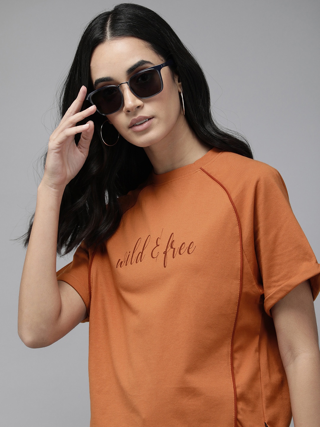 

Roadster Women Rust Orange Typography Printed Pure Cotton T-shirt with Piping Detail