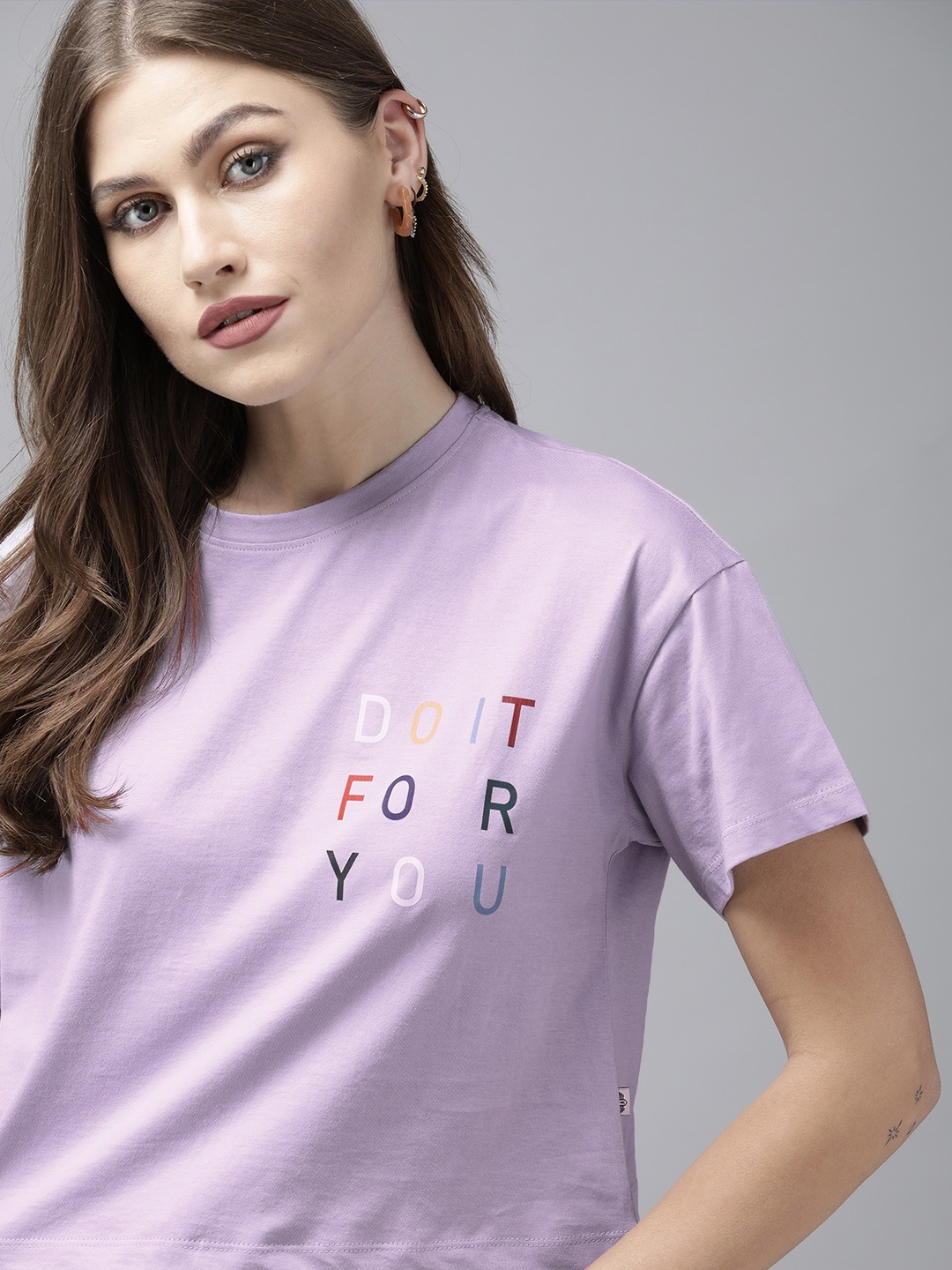 

The Roadster Lifestyle Co Women Lavender Typography Printed Boxy Pure Cotton T-shirt