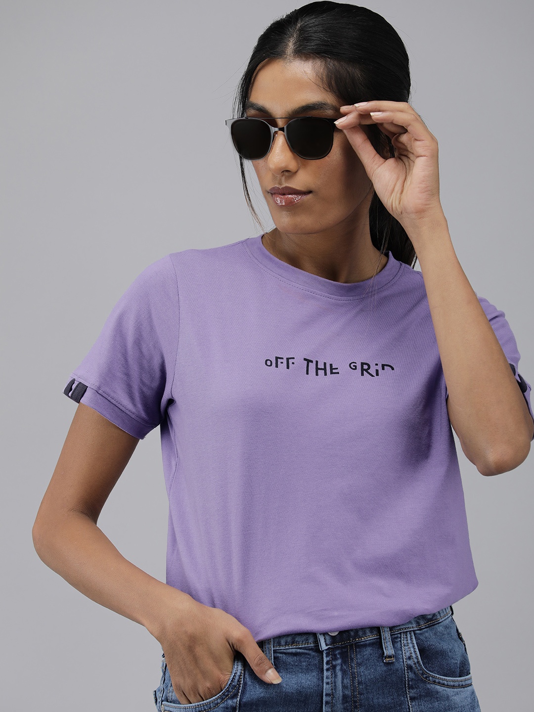 

Roadster Women Purple Typography Pure Cotton T-shirt