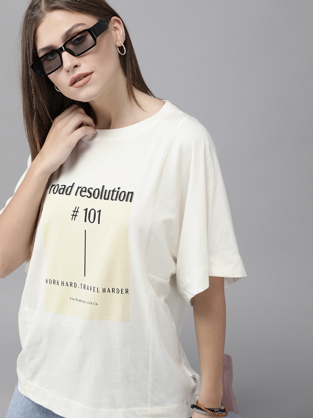 

Roadster Women Off-White & Beige Typography Printed Extended Sleeves Boxy T-shirt