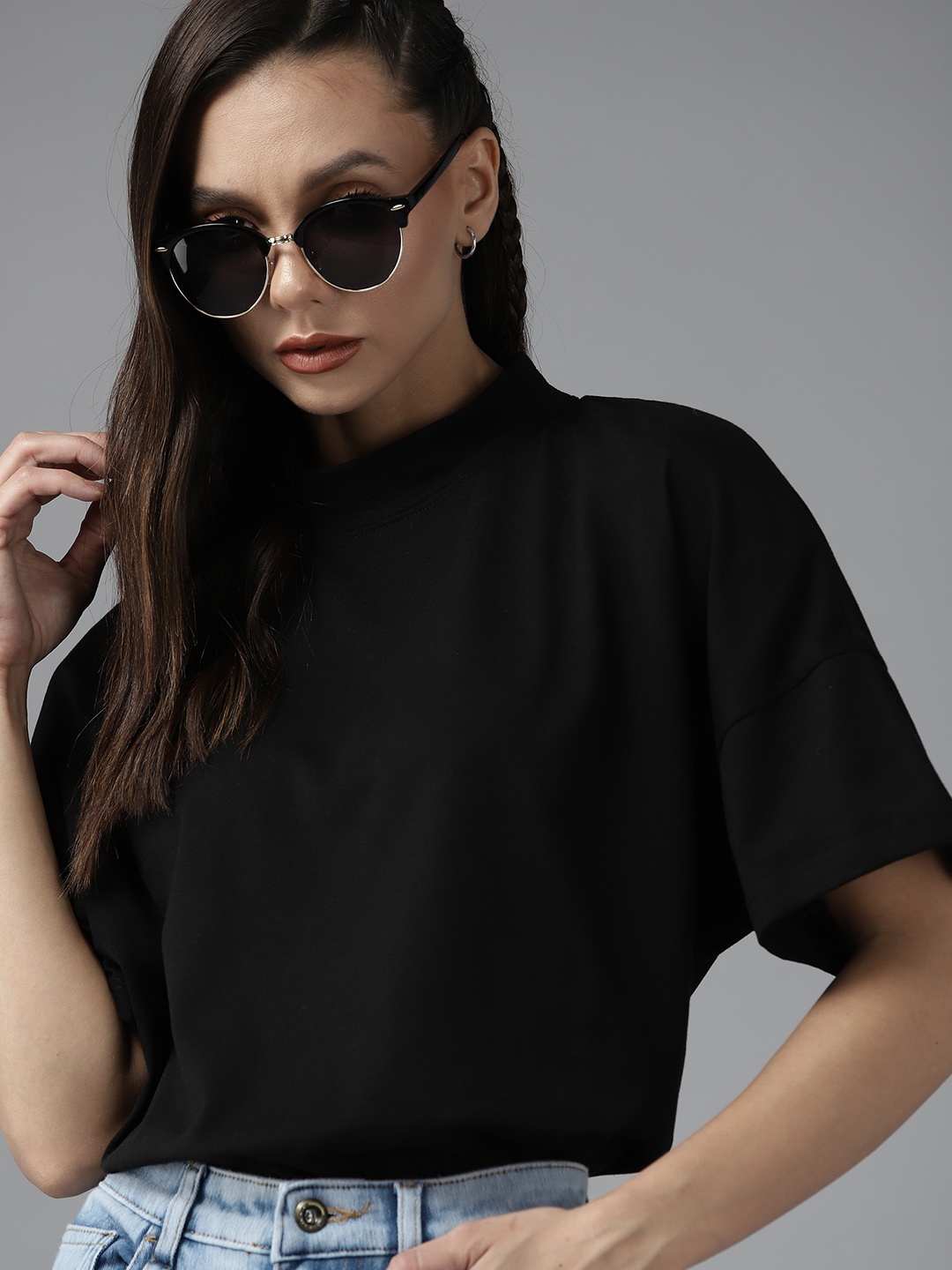 

Roadster Women Black High Neck Drop-Shoulder Sleeves Boxy T-shirt