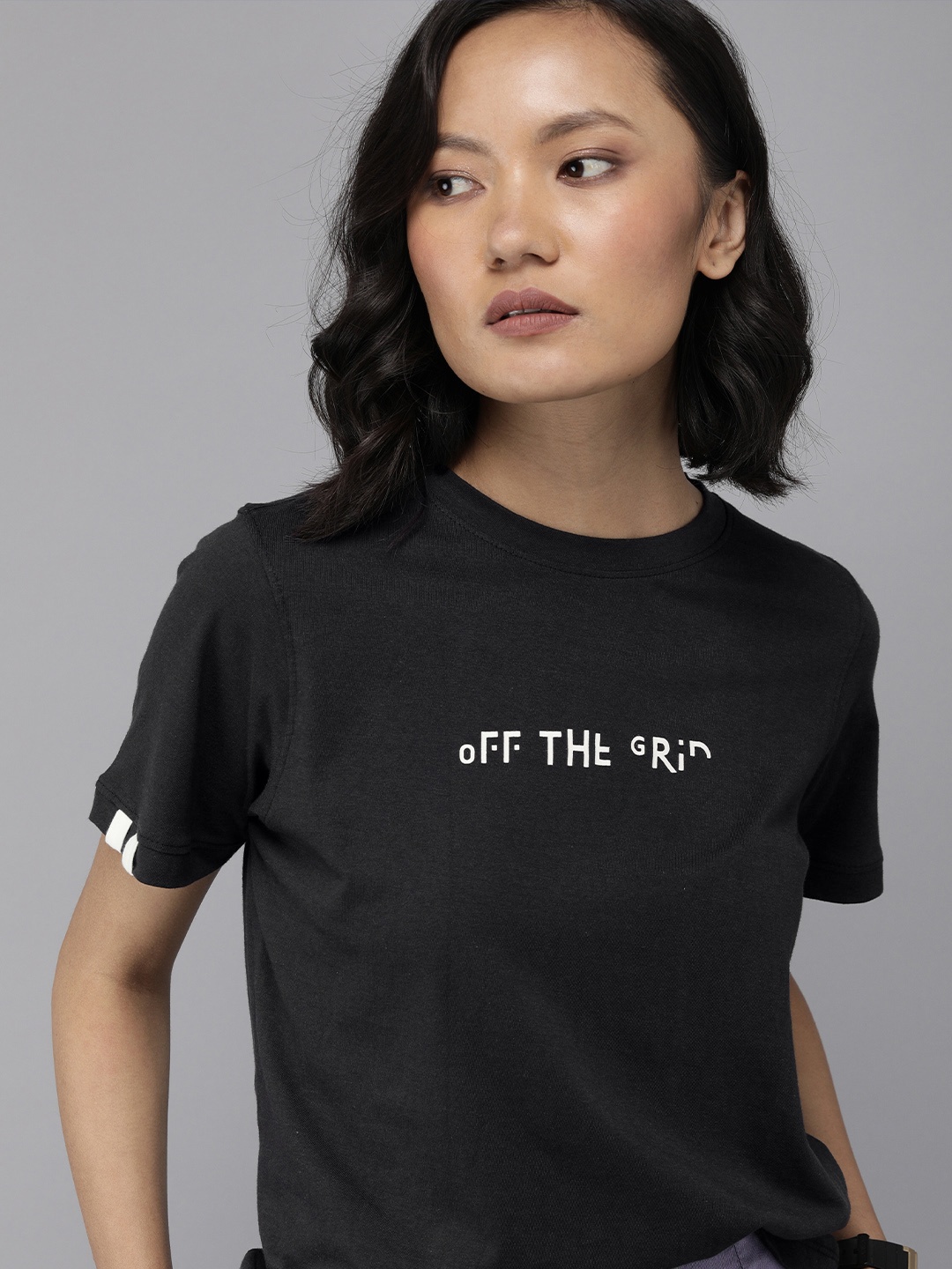 

The Roadster Lifestyle Co Women Black Typography Printed Pure Cotton T-shirt