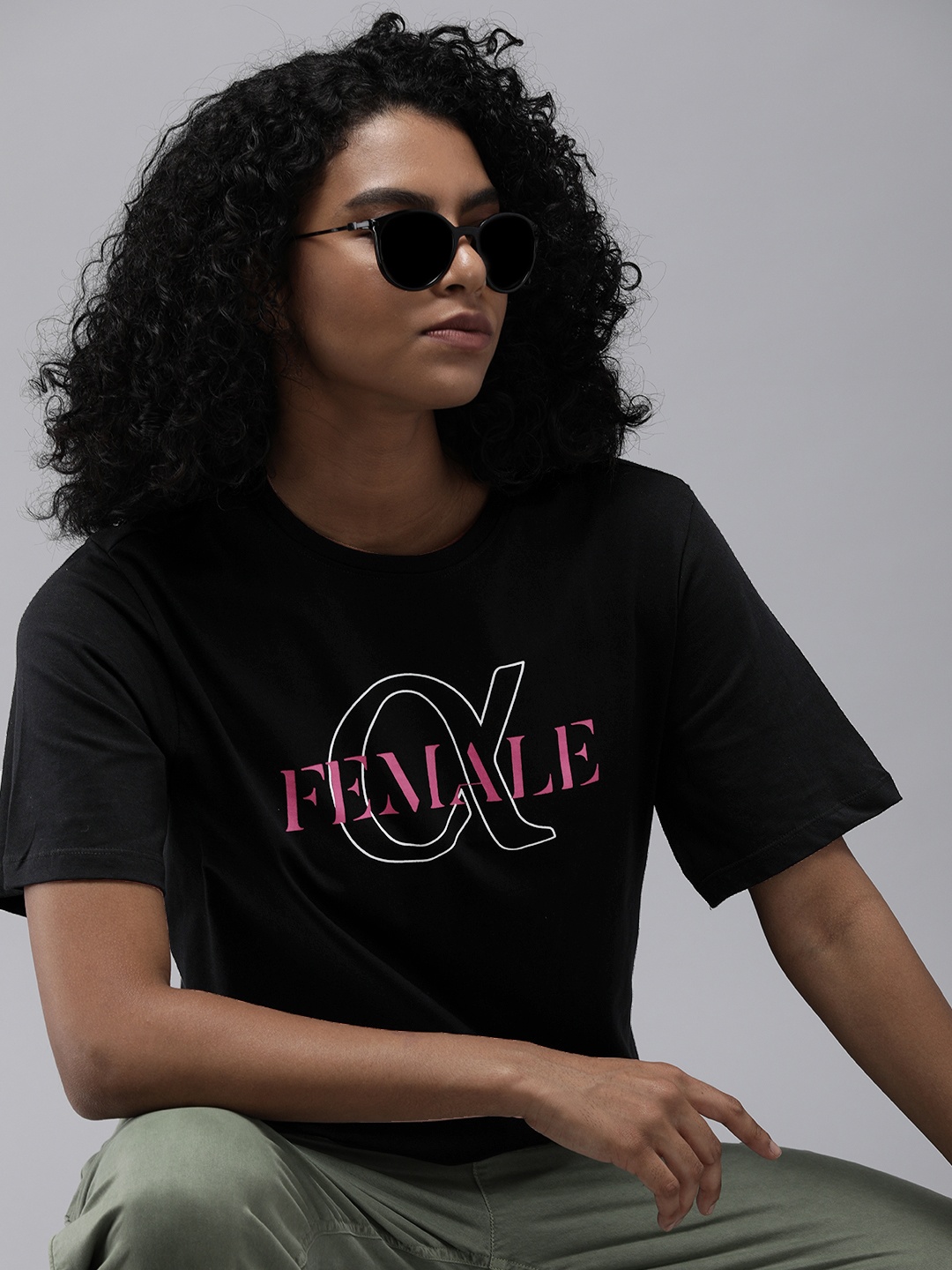 

Roadster Women Black & Pink Typography Printed Pure Cotton Boxy T-shirt