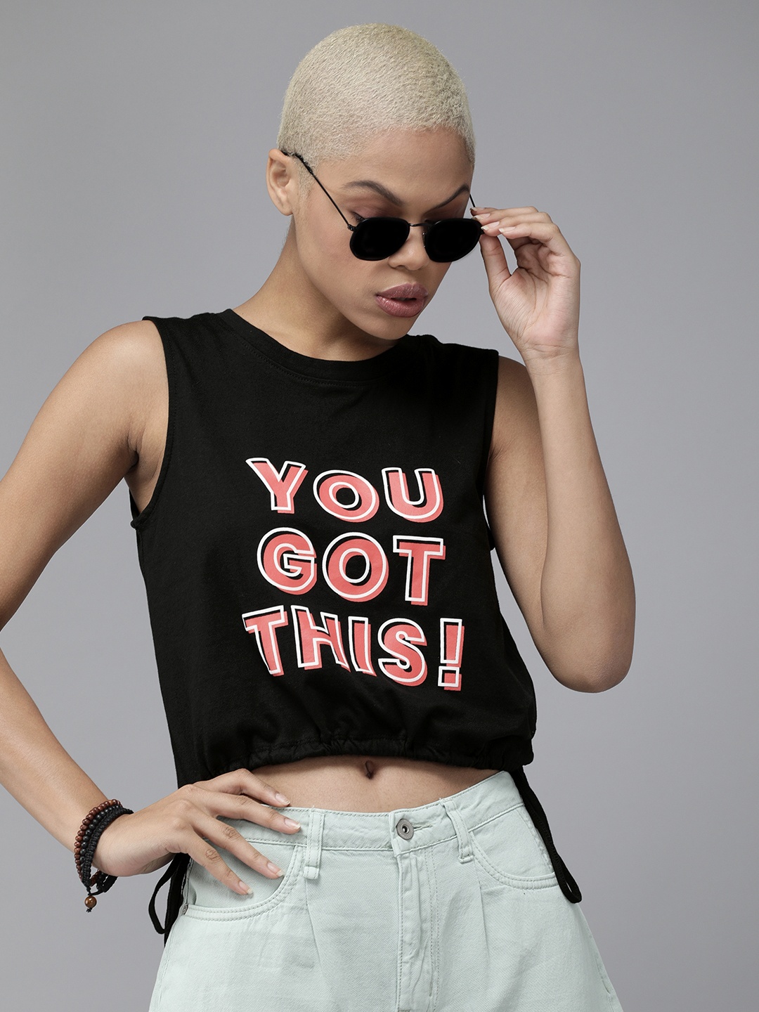 

The Roadster Lifestyle Co Women Black & Red Typography Printed Crop T-shirt