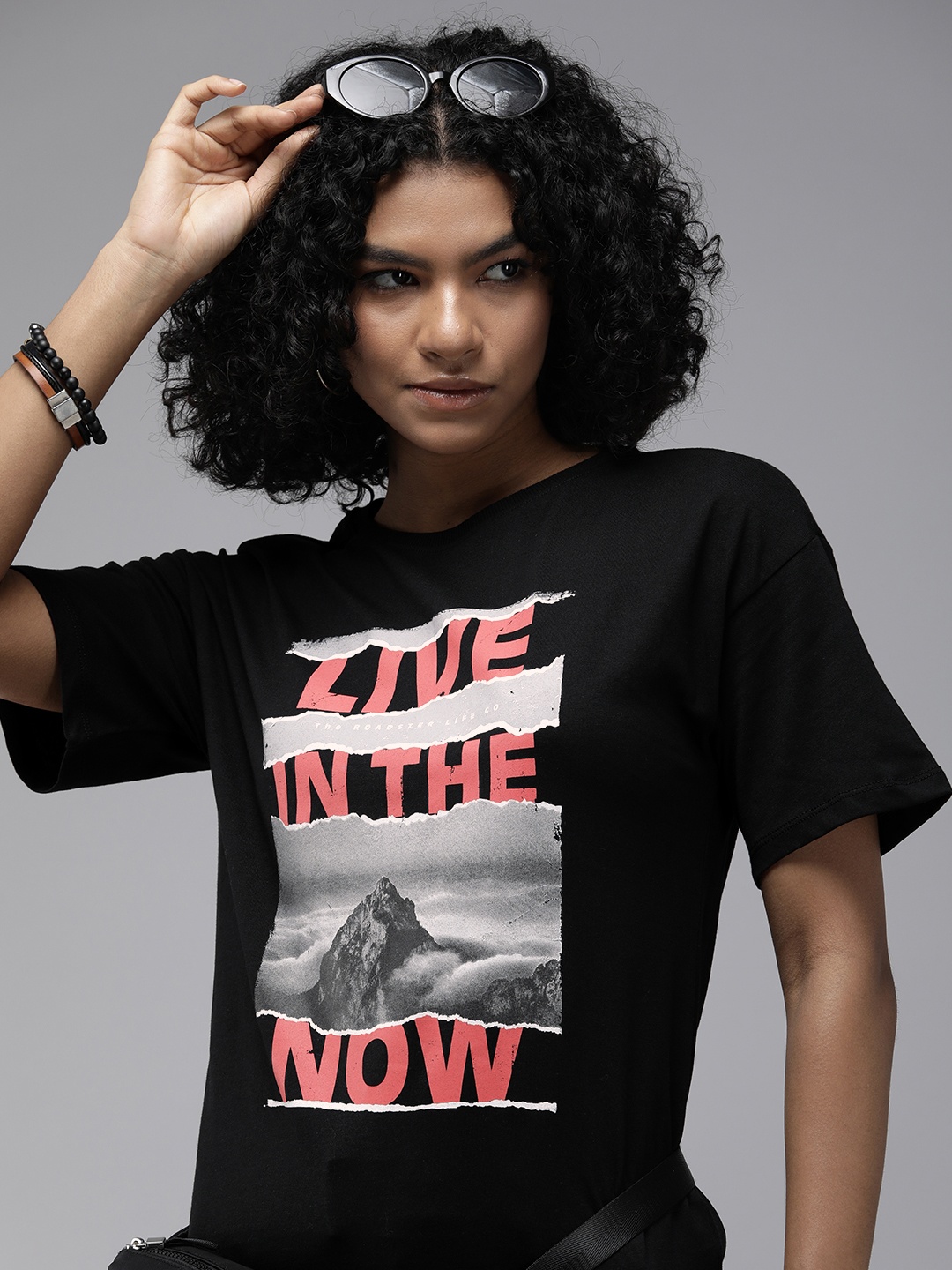 

Roadster Women Black & Red Typography Printed Pure Cotton T-shirt