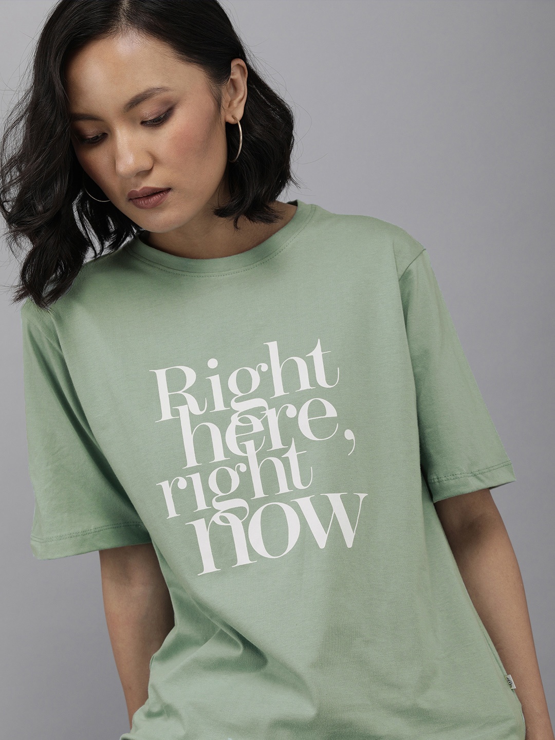 

The Roadster Lifestyle Co Women Sea Green Typography Printed Boxy Pure Cotton T-shirt