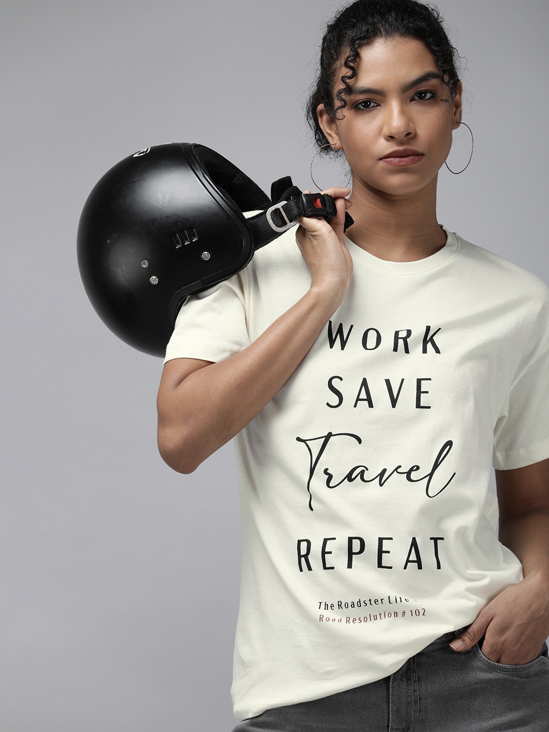 

The Roadster Lifestyle Co Women White Typography Printed Pure Cotton Boxy T-shirt