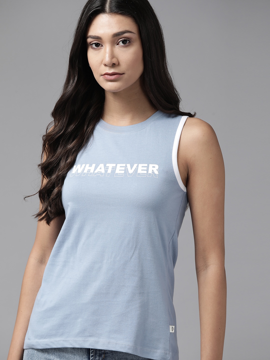 Roadster Women Blue & White Typography Printed Pure Cotton T-shirt