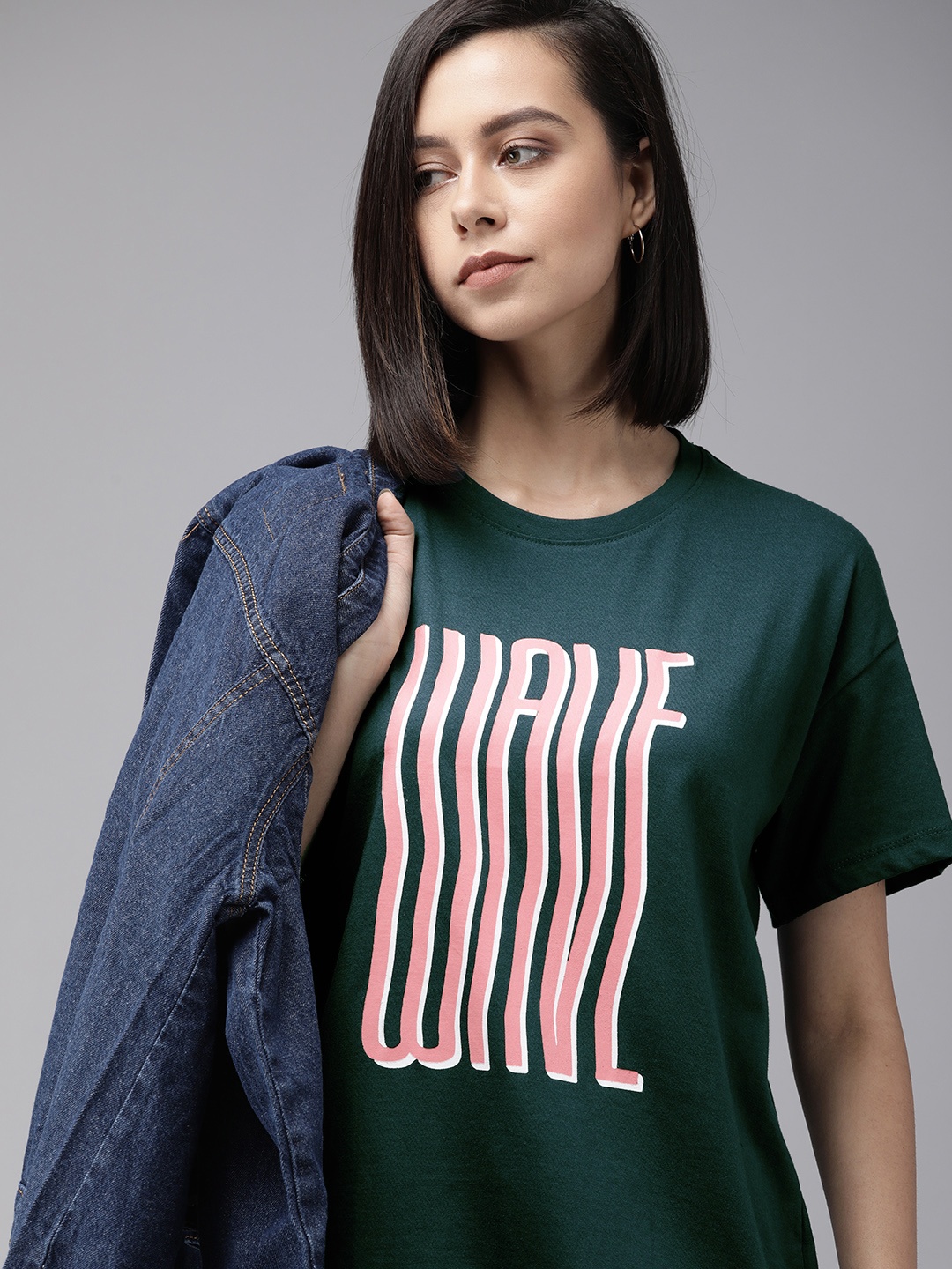 

Roadster Women Navy Blue & Pink Printed Drop-Shoulder Sleeves Pure Cotton T-shirt