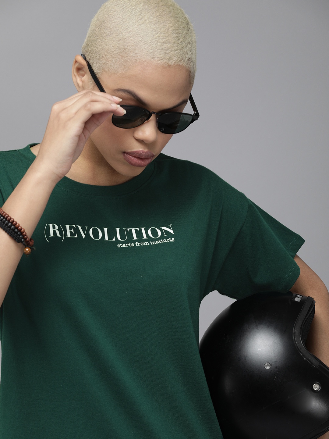 

The Roadster Lifestyle Co Women Green Typography Printed Pure Cotton Loose T-shirt