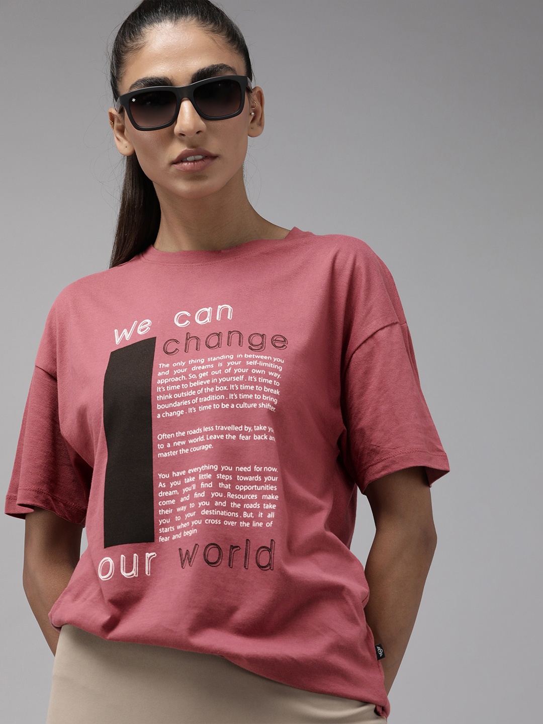 

Roadster Women Rose & White Typography Printed Pure Cotton Boxy T-shirt