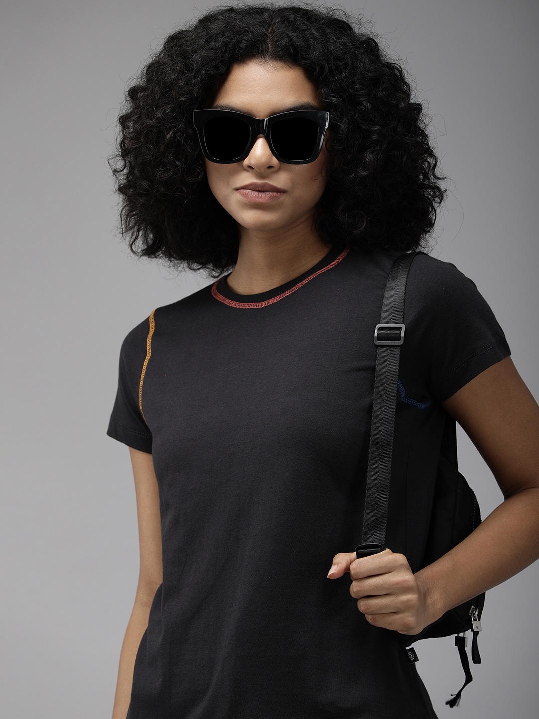 

The Roadster Lifestyle Co Women Black Solid Pure Cotton T-shirt