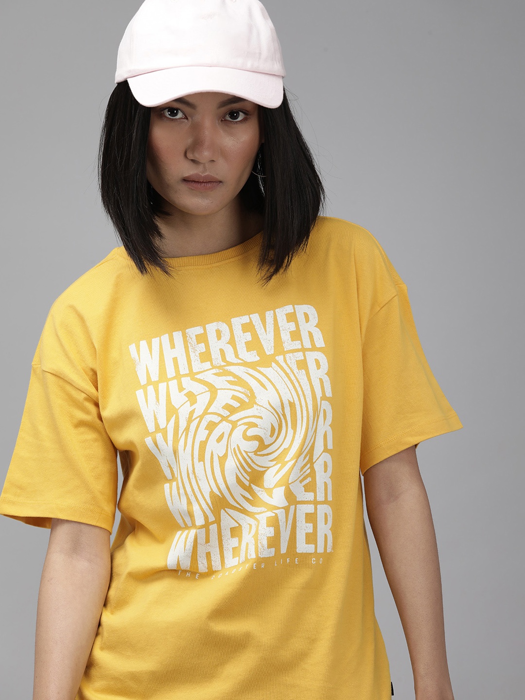 

Roadster Women Yellow & White Printed Drop-Shoulder Sleeves Pure Cotton T-shirt