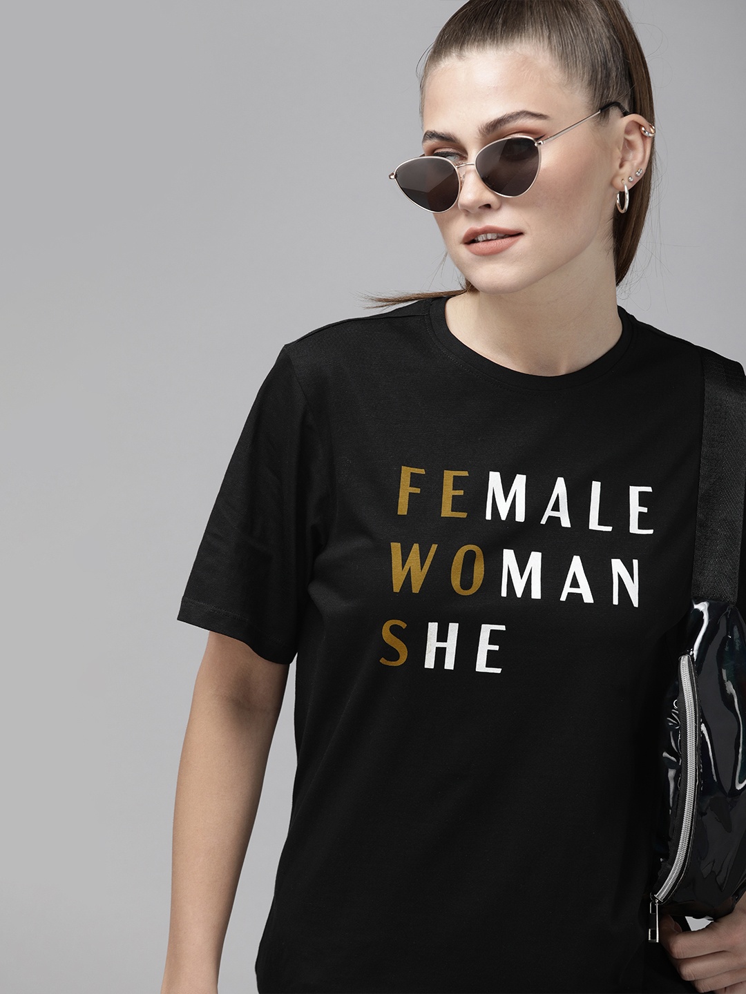 

Roadster Women Black & White Typography Printed Pure cotton Boxy T-shirt
