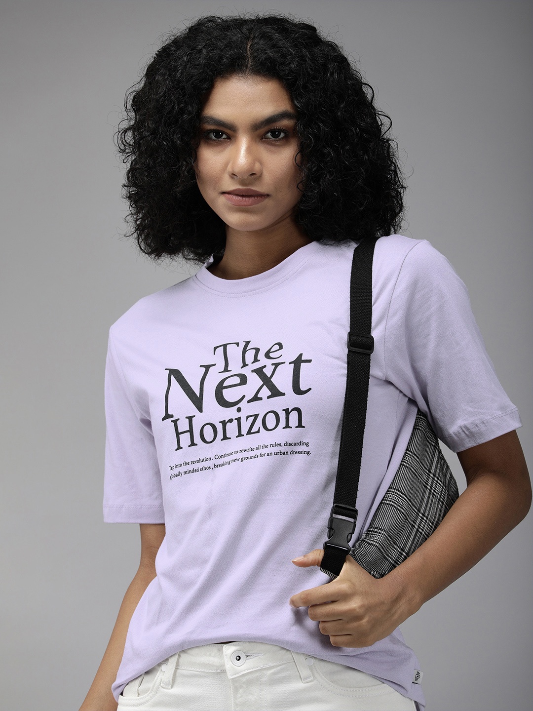 

Roadster Women Lavender Typography Printed Pure Cotton Boxy T-shirt