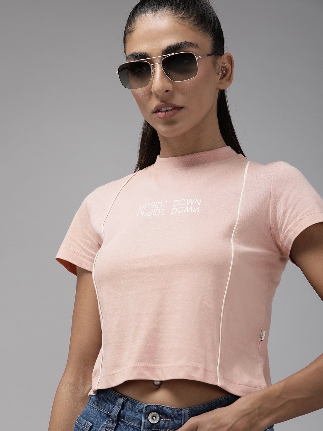 

Roadster Women Peach-Coloured Typography Printed Pure Cotton T-shirt