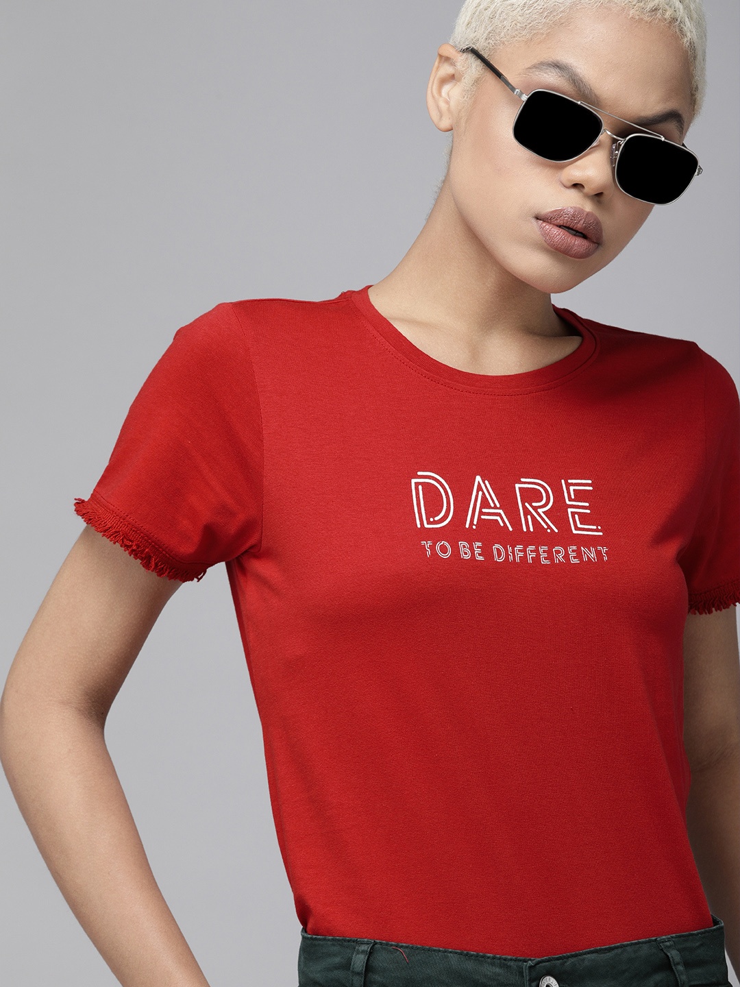 

The Roadster Lifestyle Co Women Red & White Printed Pure Cotton T-shirt