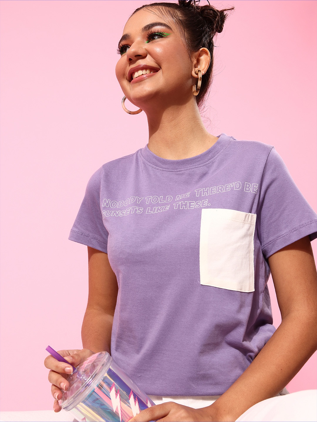 

The Roadster Lifestyle Co Women Lavender Typography Printed Pure Cotton T-shirt