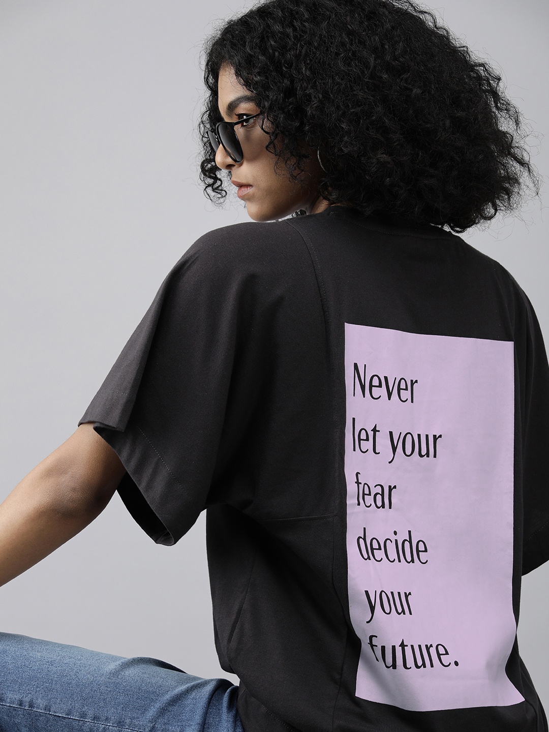 

Roadster Women Black & Lavender Typography Printed Boxy T-shirt
