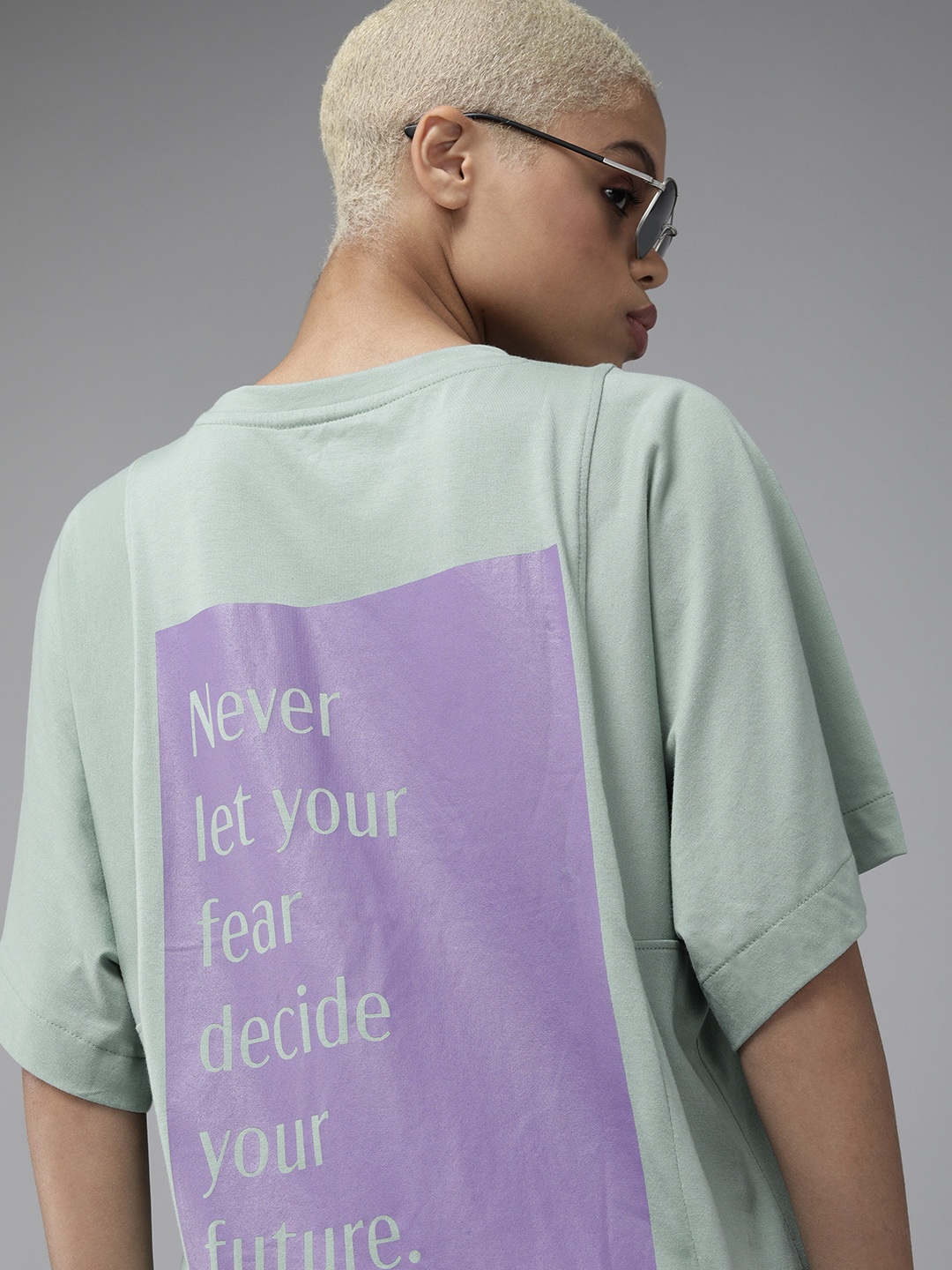 

The Roadster Lifestyle Co Women Green Typography Printed Kimono Sleeves Boxy T-shirt