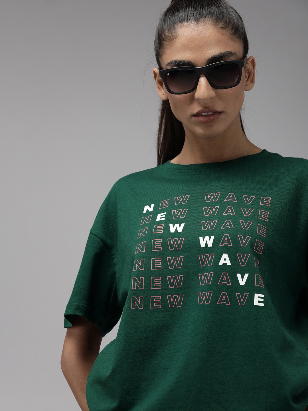 

Roadster Women Green Typography Printed Pure Cotton Boxy T-shirt