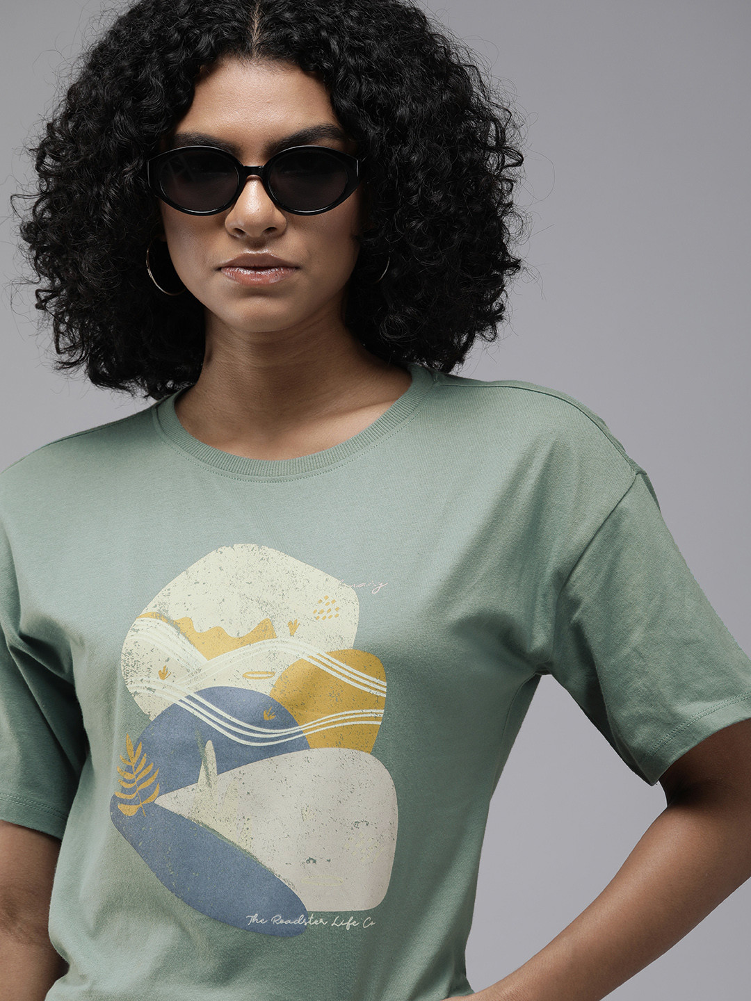 

Roadster Women Sage Green Graphic Printed Pure Cotton T-shirt