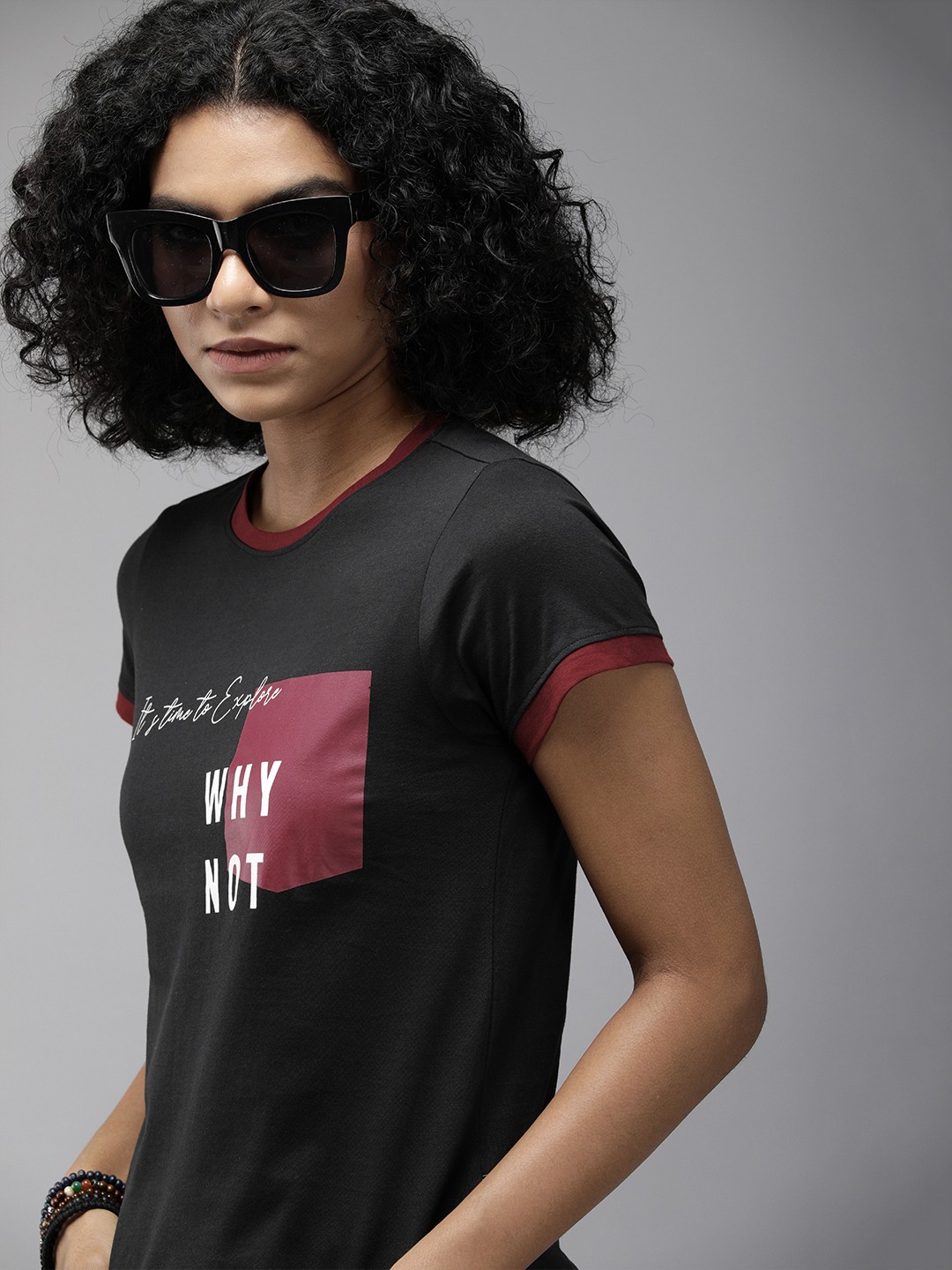 

Roadster Women Black Typography Printed Pure Cotton Casual T-shirt