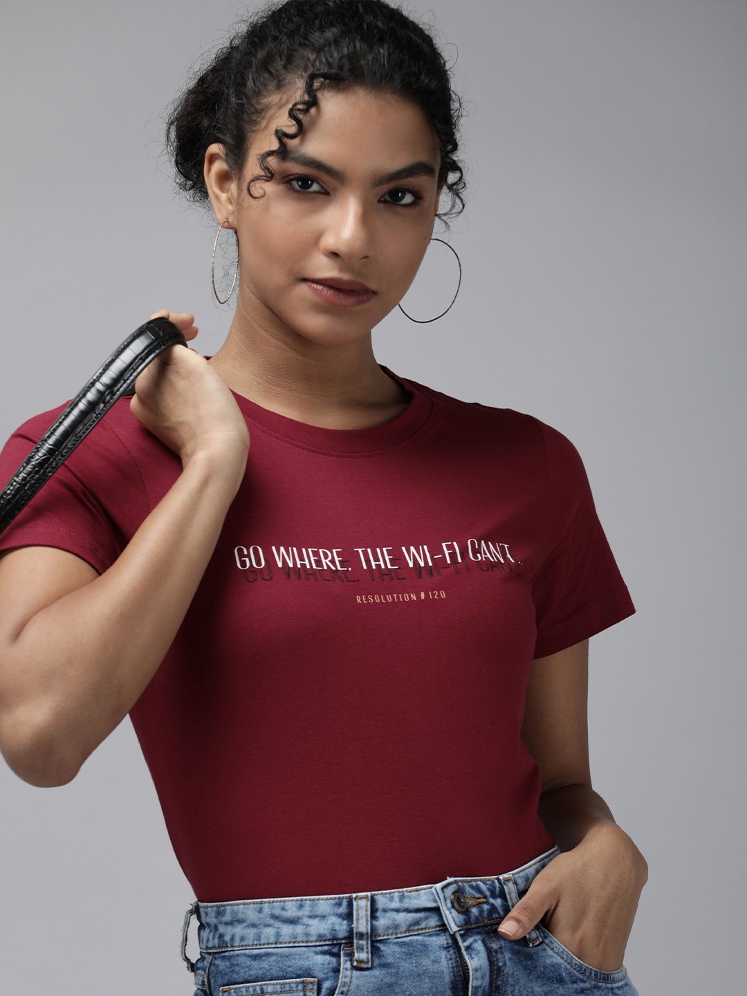 

The Roadster Lifestyle Co Women Maroon Typography Printed Pure Cotton Casual T-shirt