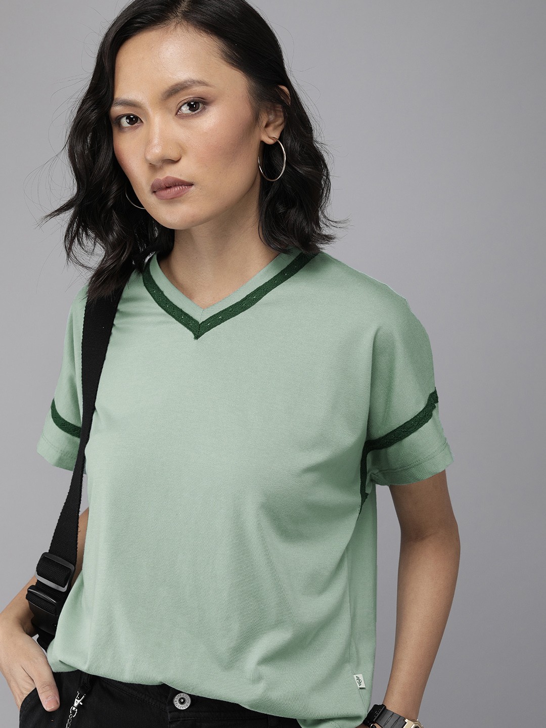 

The Roadster Lifestyle Co Women Green Solid V-Neck Pure Cotton Extended Sleeves T-shirt