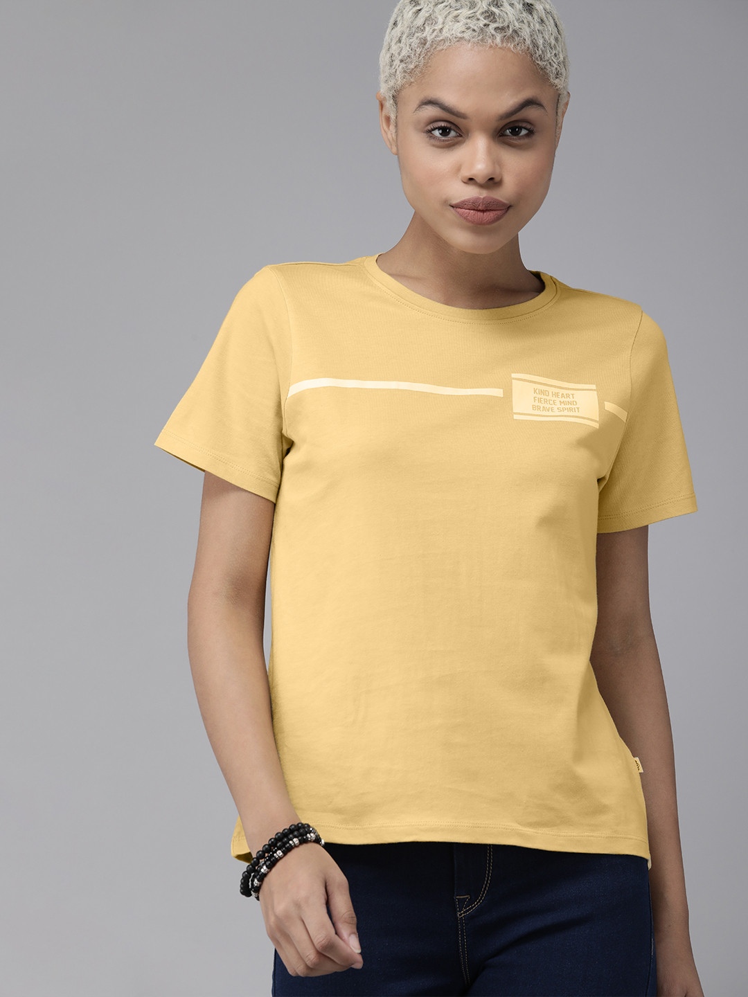 

The Roadster Lifestyle Co Women Yellow & White Typography Printed Pure Cotton T-shirt