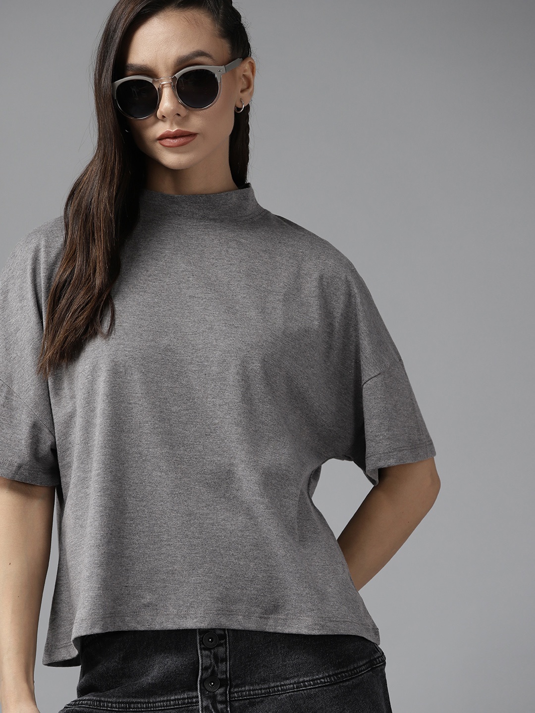 

Roadster Women Grey Melange High Neck Drop-Shoulder Sleeves Boxy T-shirt