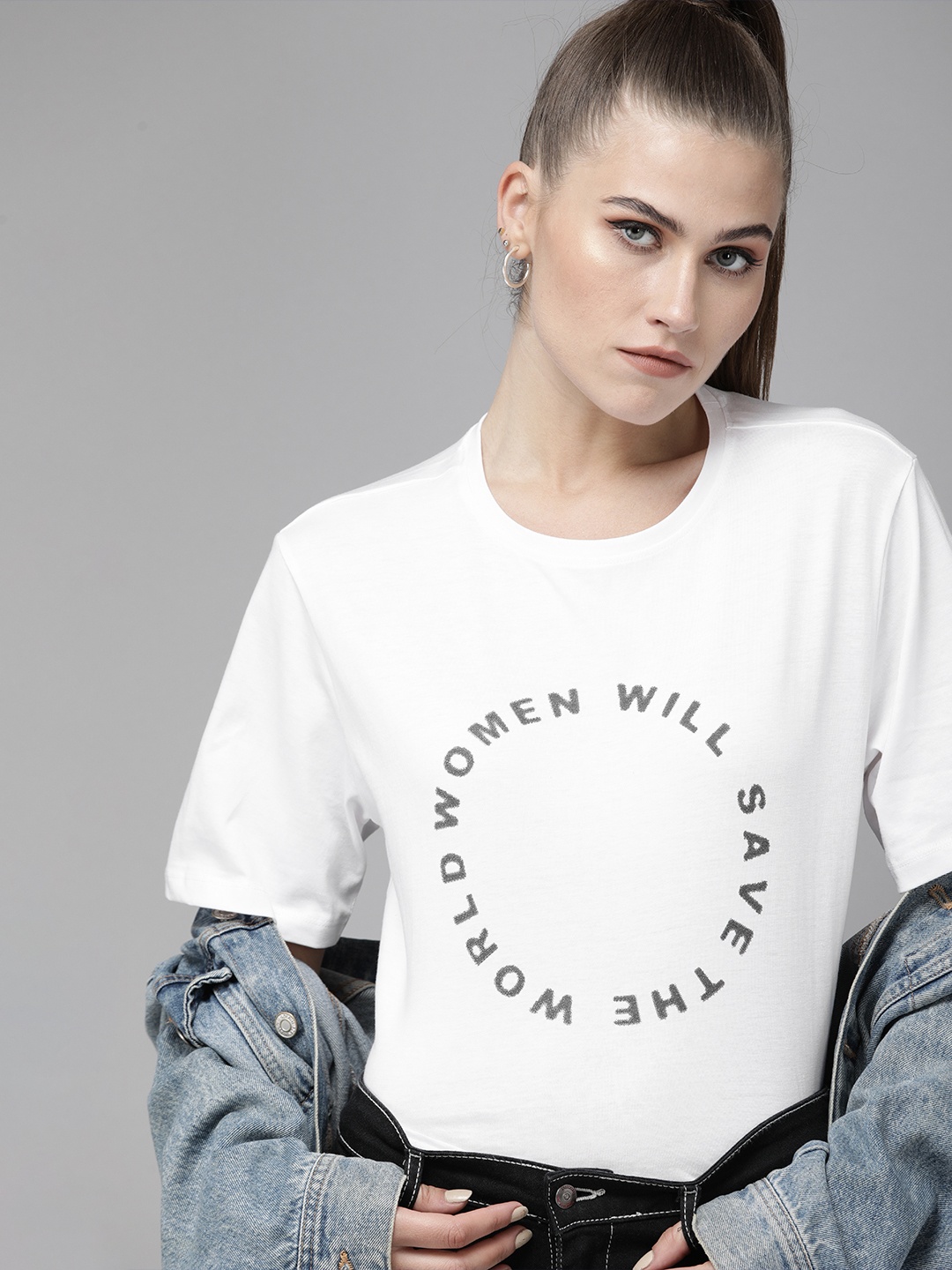 

Roadster Women White & Black Typography Printed Pure Cotton Boxy T-shirt